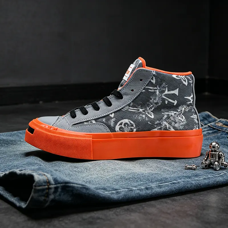Gray Monogram Print High Top Vulcanized Sneakers Unisex Bright Orange Thick Platform Sole Retro Canvas Skate Shoes Streetwear Casual Footwear for Men Women Teens