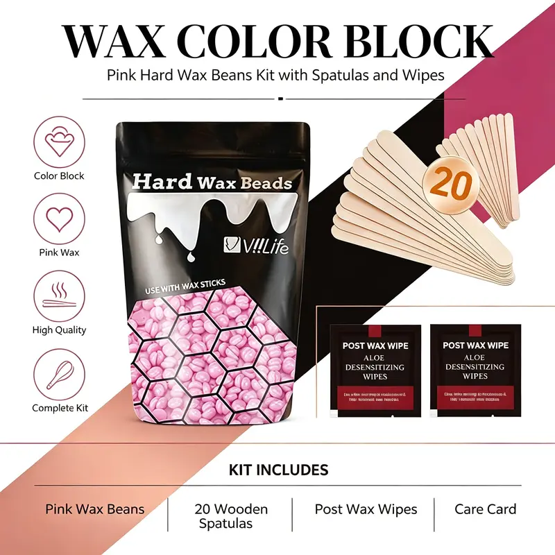 Hard Wax Bean Hair Removal Kit, Large Capacity, Rose Scented, Alcohol-Free, for Body Hair Removal, Body Waxing, Suitable for All Skin Types, Body Care