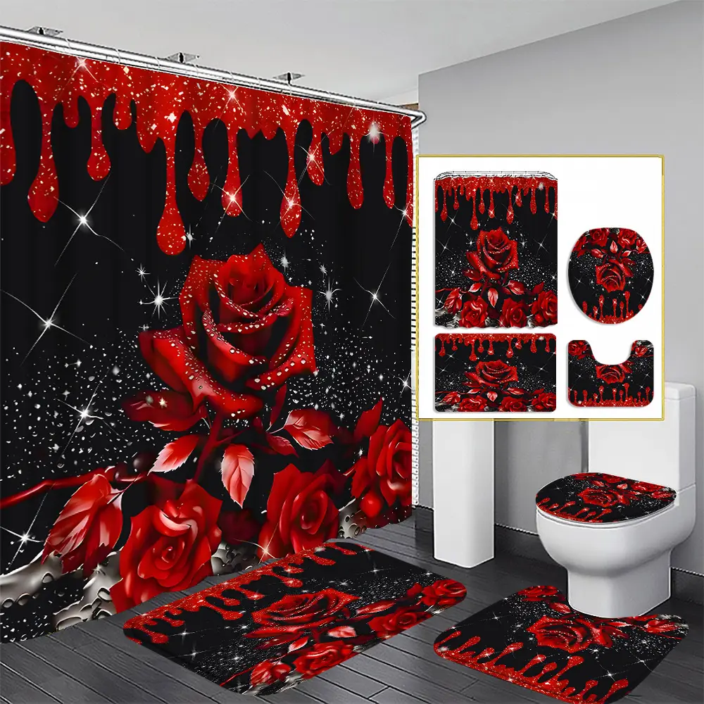4 pieces floral shower curtain decoration, beautiful housewarming gift, modern home decoration, waterproof shower curtain and toilet floor mat 3-piece set with 12 shower curtain hooks