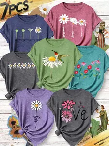 7Pcs Women Tee,Line White Daisy,Bloom Spell LOVE,Bud Tier,Pink Flower Bush,Single Daisy Cursive Love,Daisy&Hummingbird Prints,Multi-color, Washable,Soft Spring&Summer Daily Top