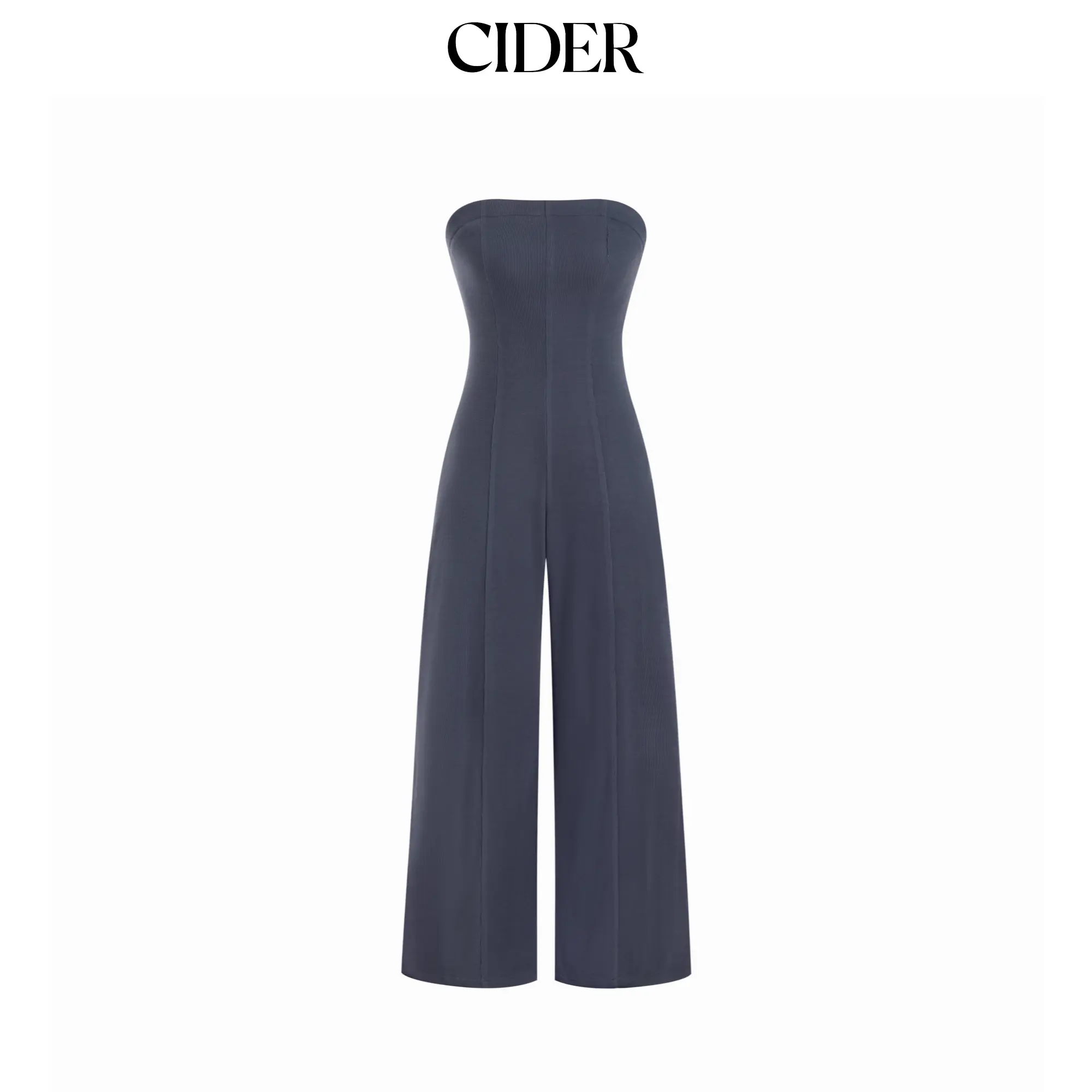 Cider High Stretch Ribbed Strapless Slim High Rise Straight Leg Jumpsuit