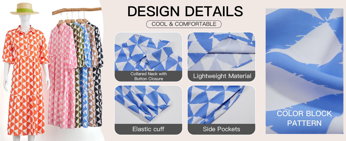 FMEYOA Womens Summer Boho Midi Dress Long Sleeve Casual Color Block Floral Beach Button Down Shirt Dress