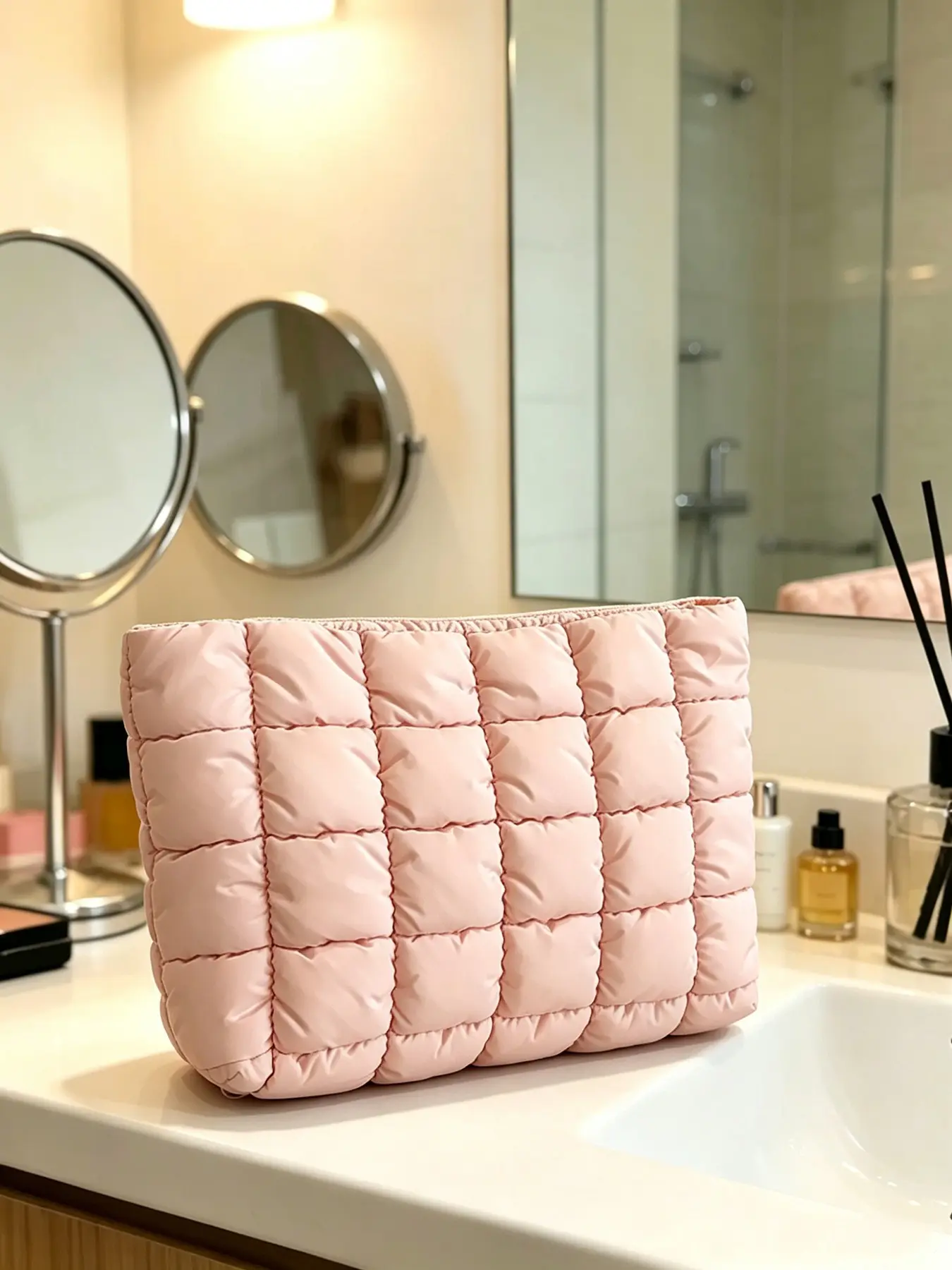 Relaxing and fashionable solid color quilted makeup bag, a casual and versatile simple and practical texture handbag that can accommodate cosmetics and toiletries, suitable for short trips and camping in the wilderness, Makeup Pouch