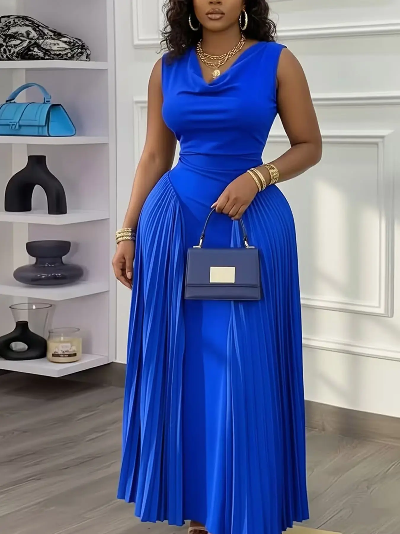 European and American Large Size Solid Color Pleated Dress, High Neck Waist Cinch Slim Fit Flowy Long Evening Gown, Elegant Formal Wear Party Wear