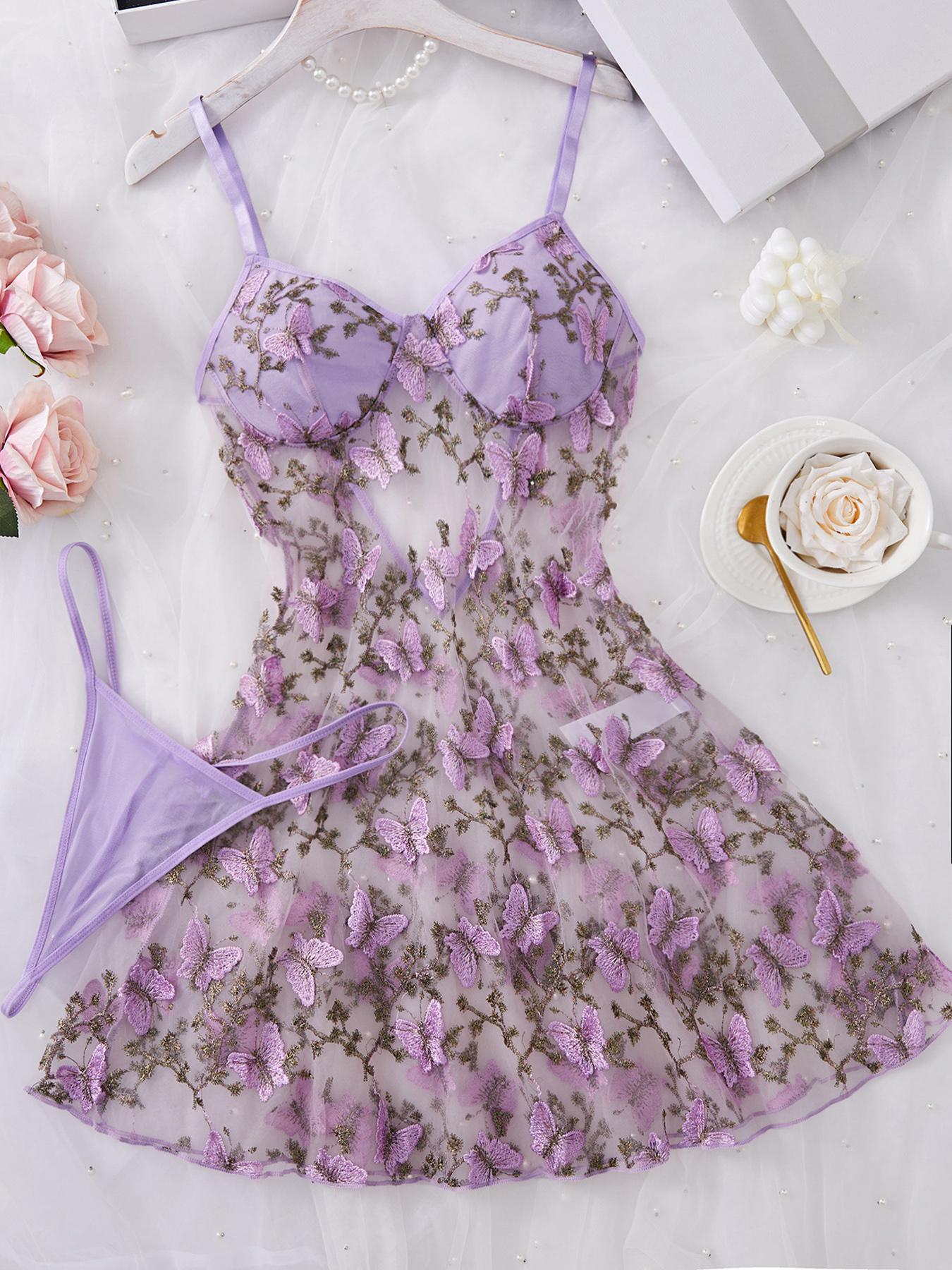 Women's Butterfly Embroidery Cami Nightdress & Thong Sexy Feminine Lingerie Set Underwear, Comfy Fitted Elegant Nighty Dress Set, Ladies Sleepwear for All Seasons
