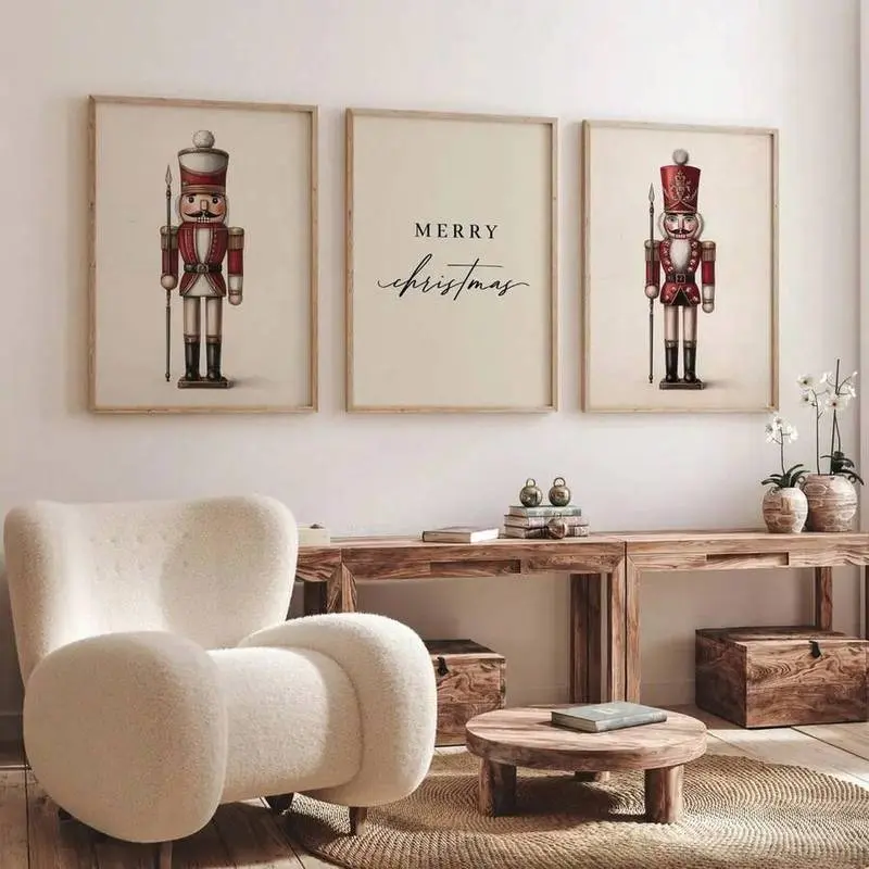 3pcs Set Unframed Vintage Nutcracker Christmas Holiday Canvas Poster Cozy Winter Xmas Festival Rustic Wall Art Print Minimalist Scandinavian Farmhouse Decor Painting For Living Room,Bedroom,Modern Home Decoration