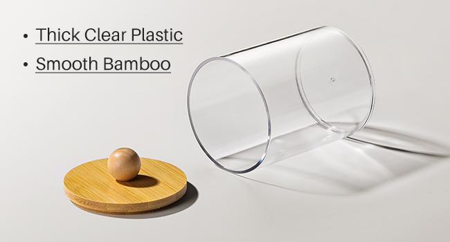 4 Pack Qtip Holder Dispenser with Bamboo Lids - 10 oz Clear Plastic Apothecary Jar Containers for Vanity Makeup Organizer Storage - Bathroom Accessories Set for Cotton Swab, Ball, Pads, Floss