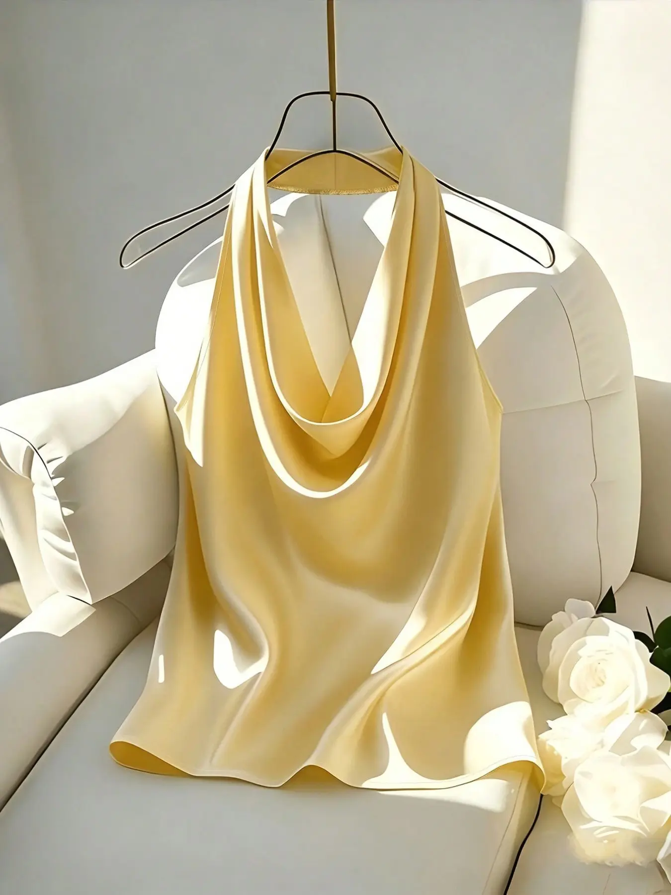 Elegant Satin Halter Backless Tank Top, Slim-Fitting Tie-Back Strap Dressing, Simple Summer Party & Vacation Wear, Ladies' Casual