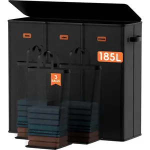 185L Laundry Hamper 3 Section, Laundry Hamper with Lid, Dirty Clothes Hamper with 3 Removable Washing Bags, Extra Large Laundry Basket Organizer for Bedroom, Laundry Room, Dorm - Black
