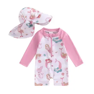 Baby Girl Swimsuit Zip Rash Guard Ruffled Long Sleeve  Infant Swimwear Toddler Bathing Suit Rashguard Beach Wear