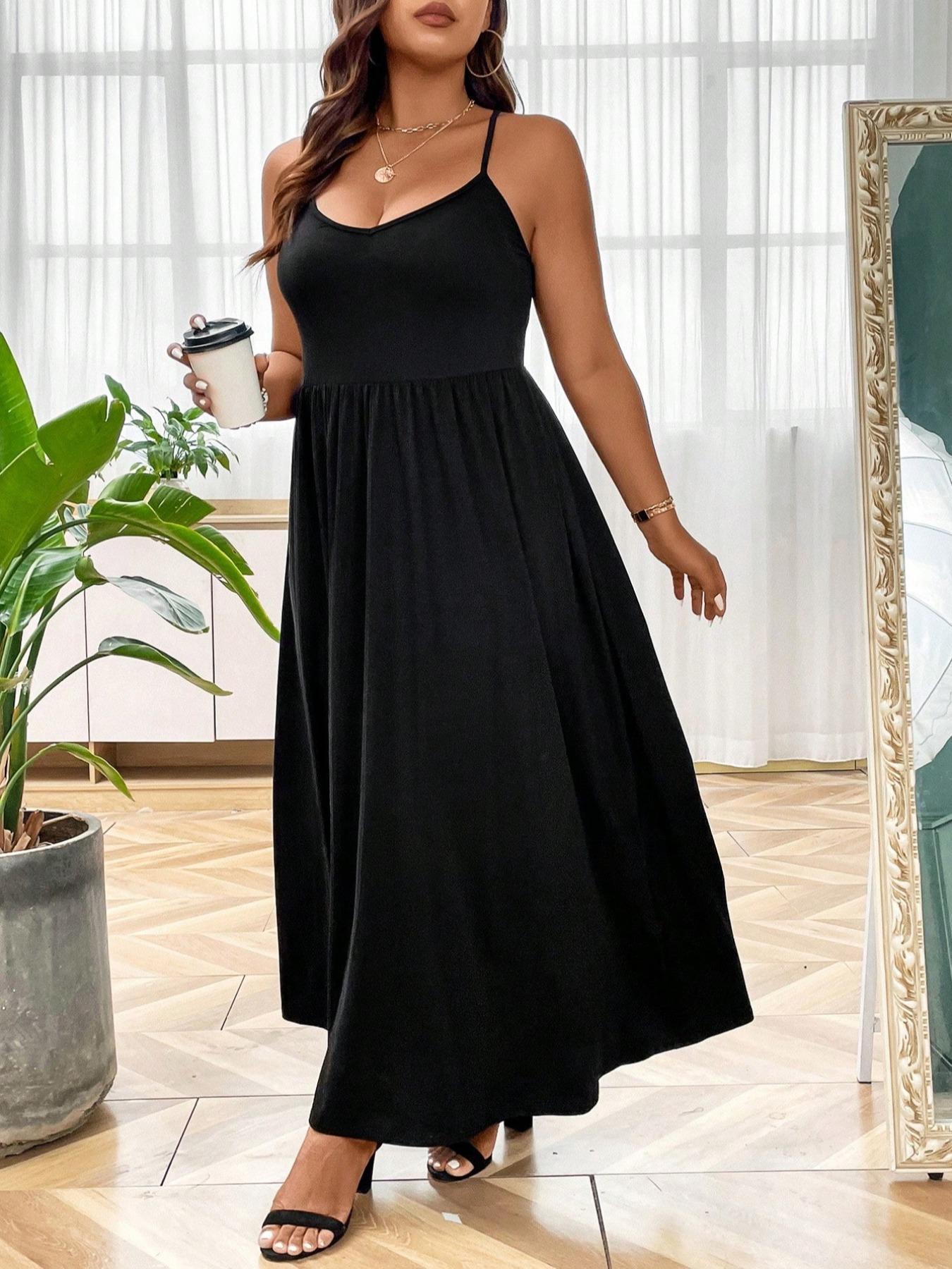 Plus Size Criss Cross Backless Cami Dress, Casual Solid Sleeveless Spaghetti Strap A-Line Dress for Summer, Women's Clothes for Party Holiday Womenswear Plus Size Criss Cross Backless Cami Dress, Casual Solid Sleeveless Spaghetti Strap A-Line Dress for Summer, Women's Clothes for Party Holiday Womenswear