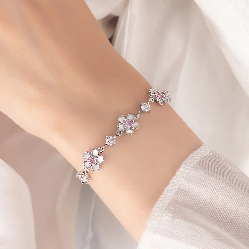 Women's Floral Charm Bracelet Dainty Silver Chain Pink CZ Flower For Everyday Wear Coquette Aesthetic Fairycore Jewelry Tarnish Resistant Cute Accessory
