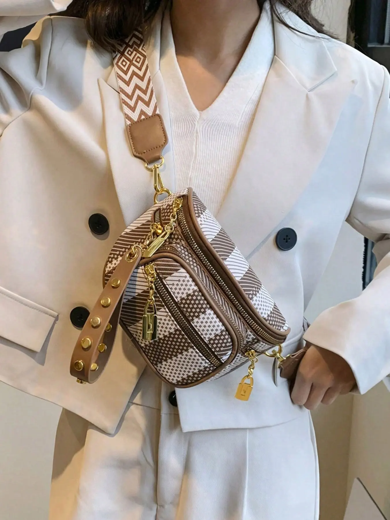 Elegant and exquisite retro style personalized texture plaid small square bag, multiple zipper pocket design, reasonable separation, wide shoulder strap single shoulder crossbody bag, Casual Shoulder Purse, Crossbody Purse Handbags