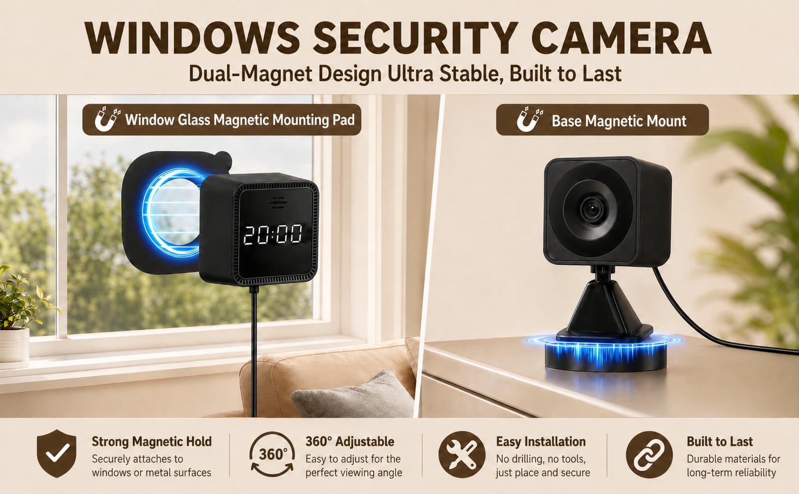 Zoall 3MP/2K Magnetic Window Security Camera, 5G&2.4GHz WiFi, Full-Color Night Vision, Real-Time Clock Display, Local Audio Recording, SD Card Support, No-Drill Mount, Wireless Indoor/Outdoor for Apartments