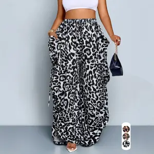 2026 New European American Punk Style Leopard Print Wide Leg Pants, High Waist Ruched Drawstring Loose Fit Casual Trousers for Women