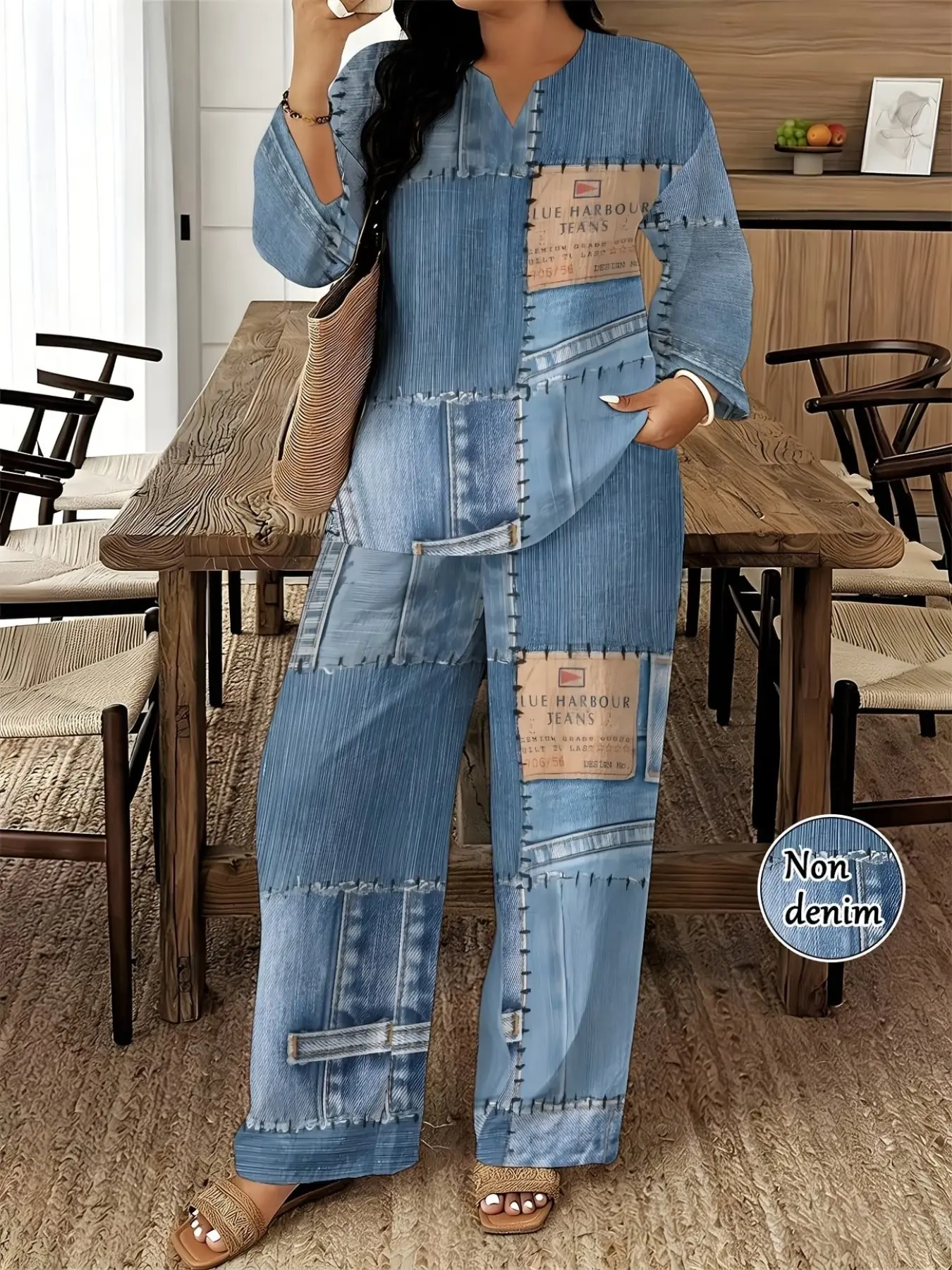 Plus Size Non-Denim Patchwork Two-Piece Set Casual Oversized Baggy Top & Wide-Leg Pants, Trendy Vintage Co-ords, Relaxed Fit Casual Ensembles, Stylish Denim-Print Patch Detail Party Casual Wear