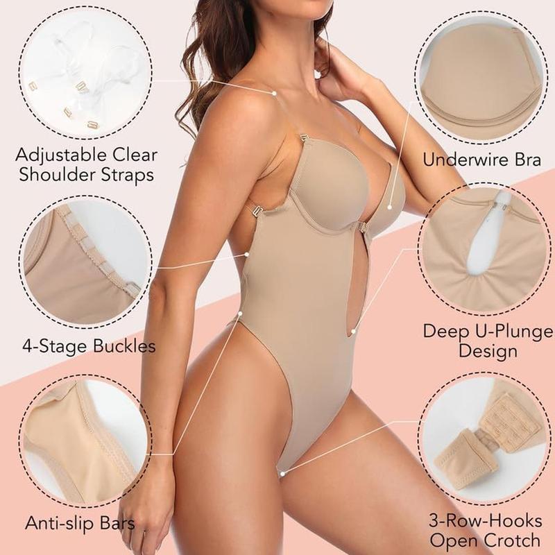 Women Shapewear Backless Body Bra Shaper Deep Plunge Low Back Open Crotch Shapewear for Wedding Party Daily Use , Ladies Shapewear Strapless Deep U Plunge Bodysuit for Women Tummy Control Built In Bra Low Back Body Shaper