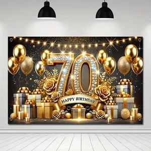 Golden Roses 70th Birthday Backdrop Elegant Floral Style Tapestry Wall Hanging, Anniversary Photography Background, Premium Polyester Decorative Banner for Family Celebration, Event Venue, Photo Booth, Indoor Outdoor Decor