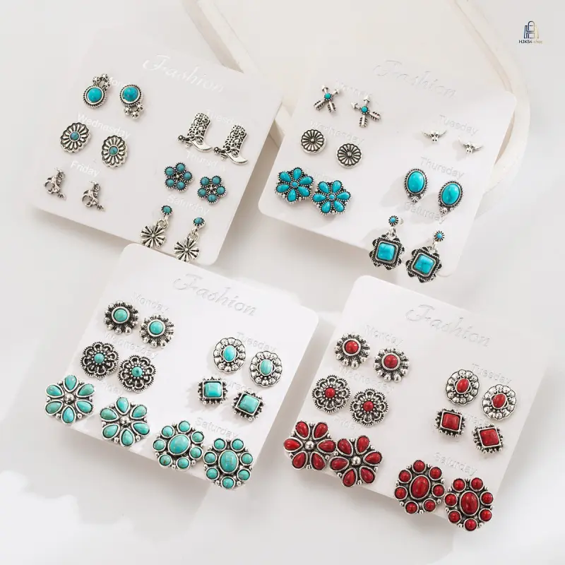 Women's Boho Ethnic Western Stud Earring Set - Metal Alloy Statement Jewelry with Faux Turquoise, Flower, Bull Head, Horse, Geometric Motifs - for Daily, Party Wear Outfits
