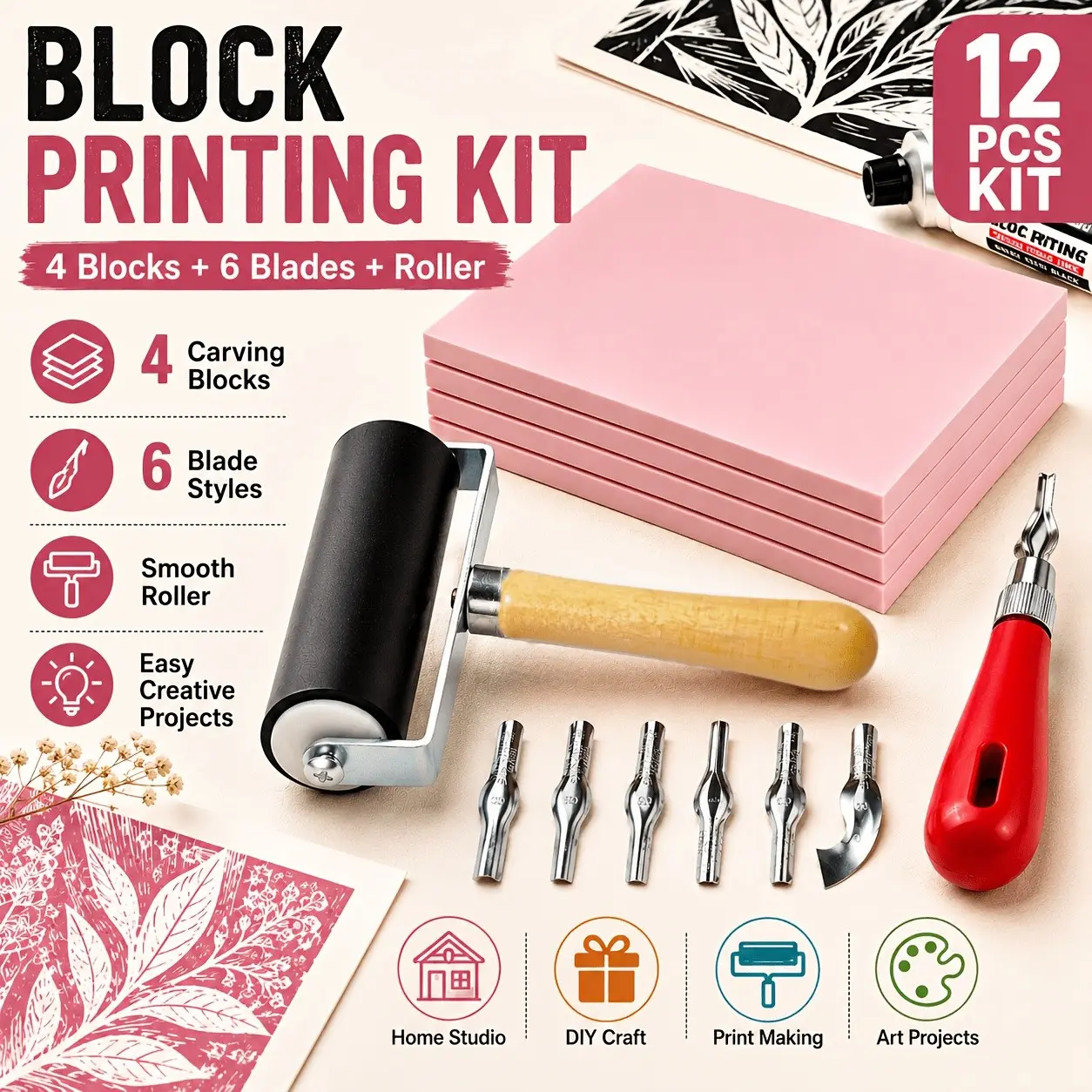 [Handmade Printmaking Craft] Linocut Kit 12pcs Interchangeable Head Carving Knife Set Ergonomic Comfortable Handle Sharp Steel Blades Rubber Stamps Linoleum Board Handmade Printmaking Greeting Card Decoration Craft Carving Tools