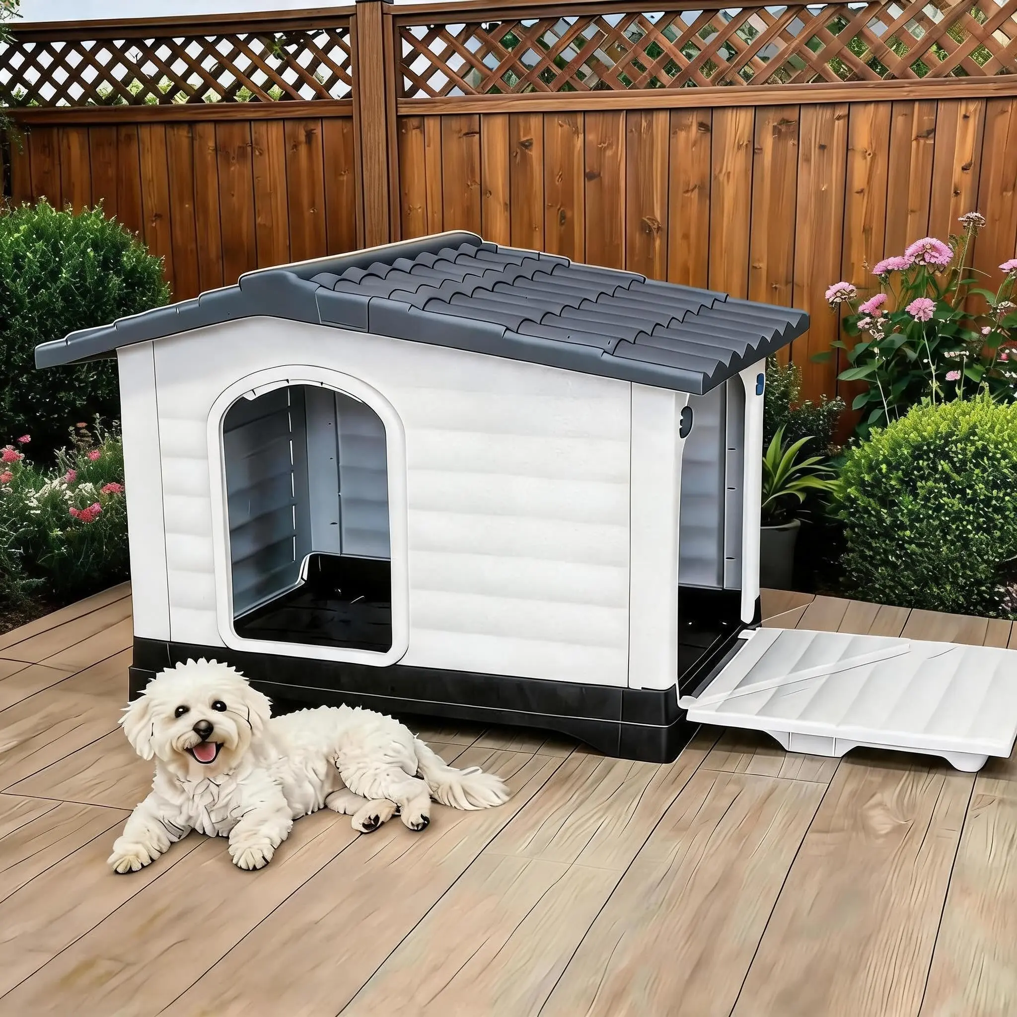 Small Plastic Dog House for Outdoor Indoor - 38" Waterproof Weatherproof Puppy Kennel, Durable Grey Pet House for Small Dogs, Puppies & Cats
