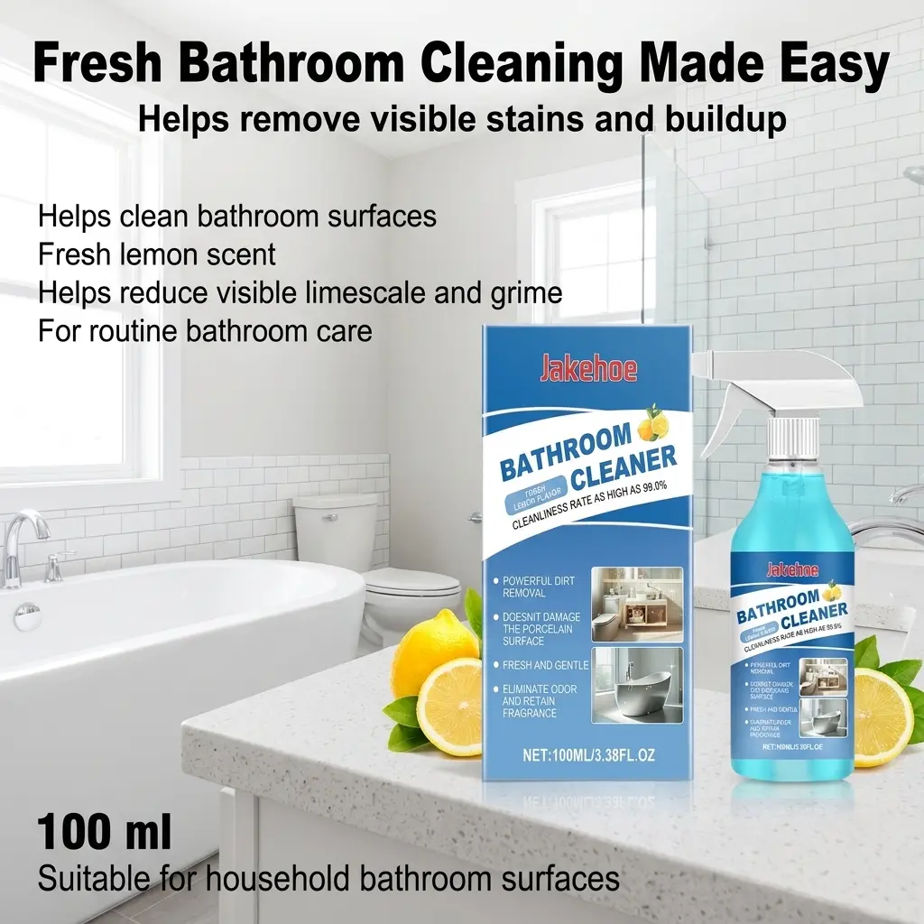Lemon Fresh Bathroom Cleaner Spray, Multi-Purpose Shower and Bathtub Cleaner for Ceramic Tile, Glass Doors, Sink, Faucet, Toilet Surface, Soap Scum, Water Spots, Limescale, Stains, Dirt, Tea and Lemon Extract Scent, Daily Home Bathroom Cleaning Use