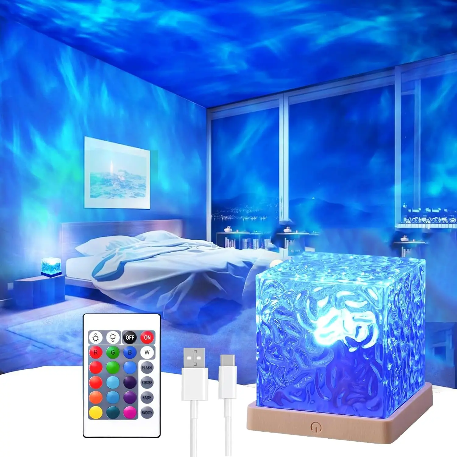 1Pc Ocean Wave Projector Light, bathroom ambient light，16 Color Rechargeable Ocean Lamp,  Beach Decor Sea Themed Northern Lights Projector，with Power Touch Control and Remote Control Luminorthe Cube Lamp, Bringing You Romance and Tranquility