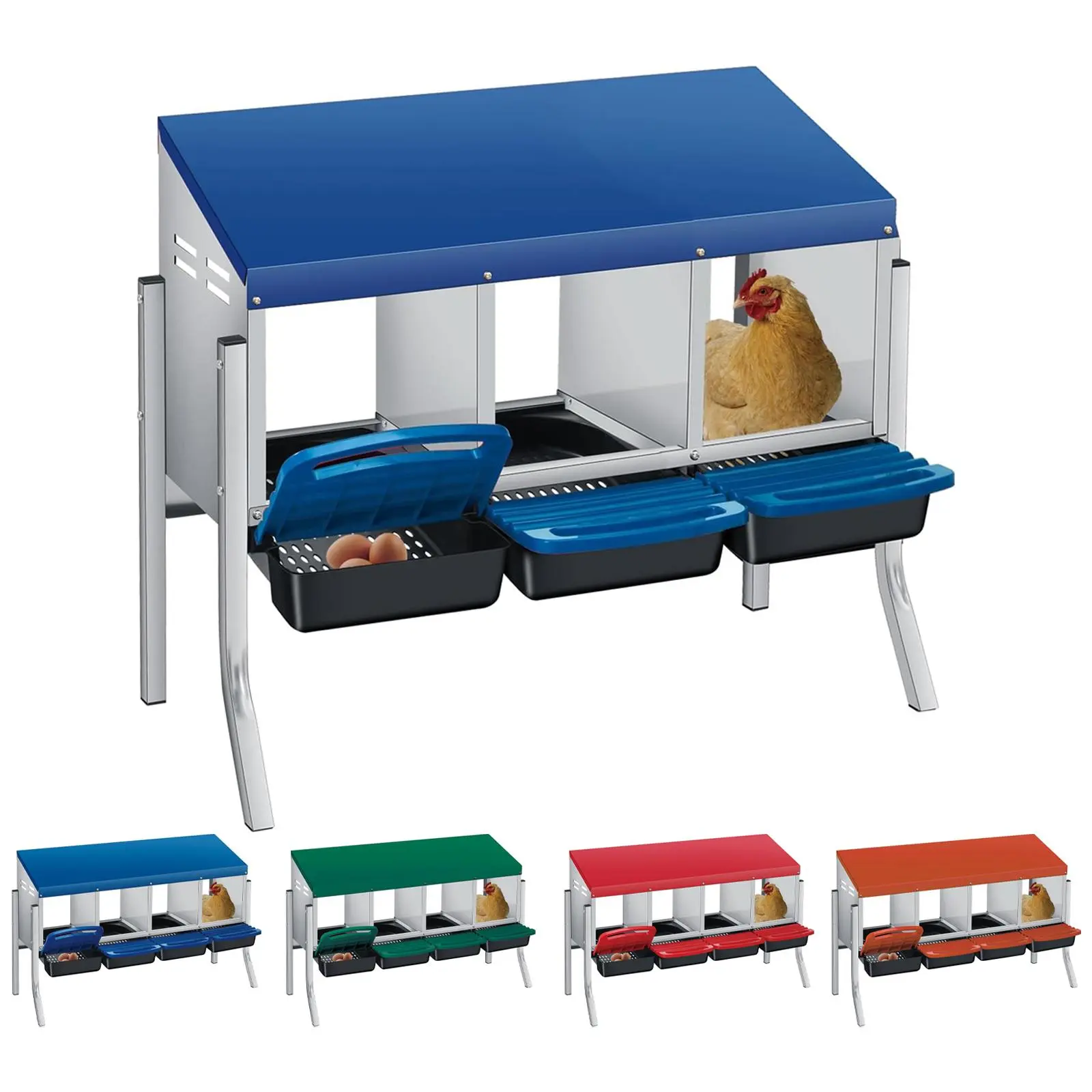 Green 4-Hole Roll Away Poultry Chicken Nesting Box with Legs, 18-20 inches, Steel & Plastic Construction, Quick Assembly, Well-Ventilated, Wall-Mountable, Chicken Coop Accessories, Optimized for Egg Production, Permanent & Movable Coop Designs