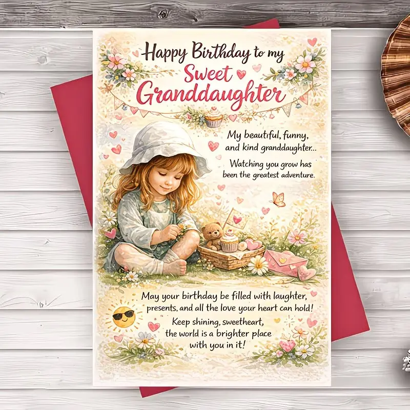 Granddaughter's Birthday Card with Envelope, Heartwarming Message, Perfect for Family Celebrations, Conveys Love and Warmth