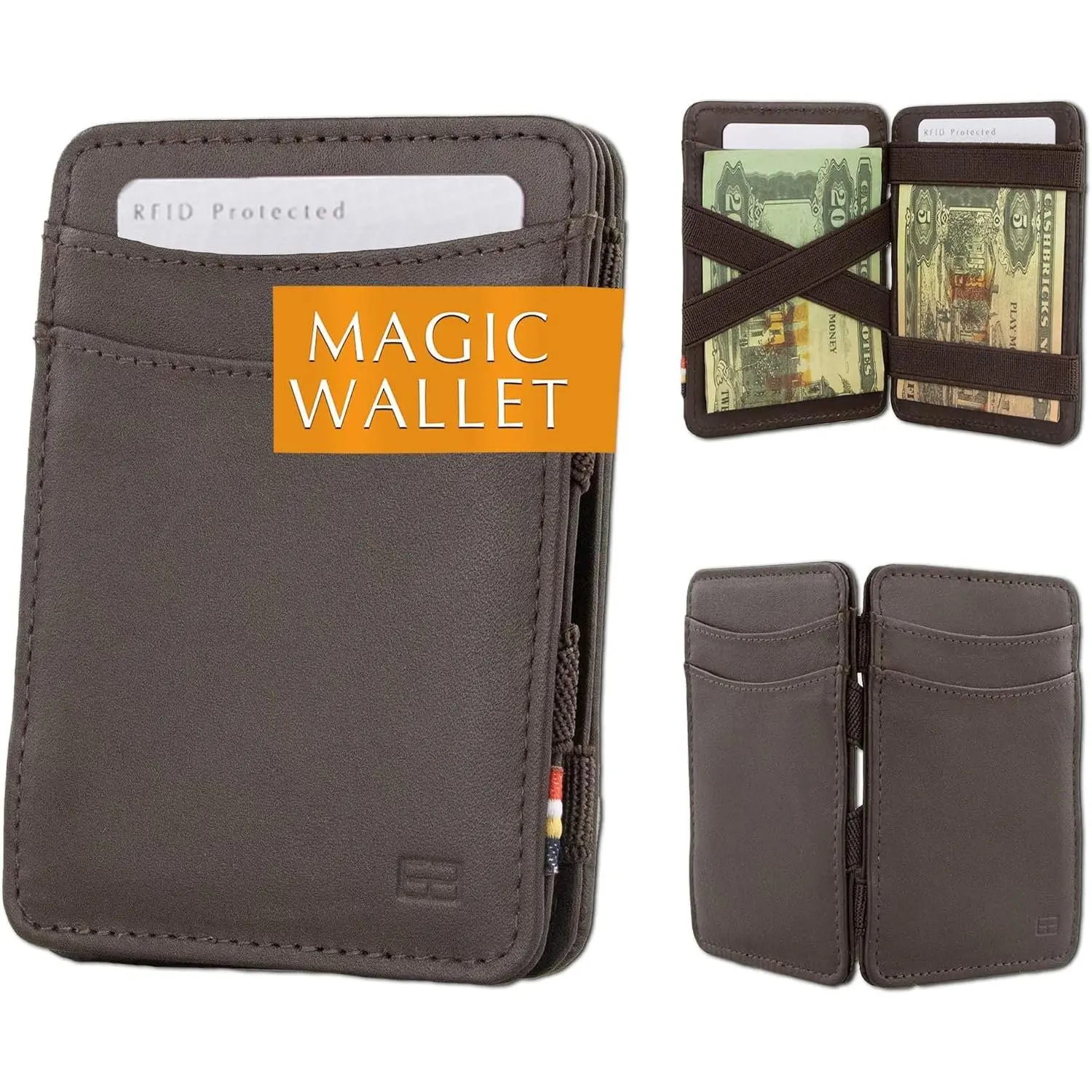 Magic Wallet for Men | Slim Leather Wallet with RFID Blocking | Minimalist Front Pocket Wallet | Holds 8 Cards +  | Handcrafted - Design, Brown