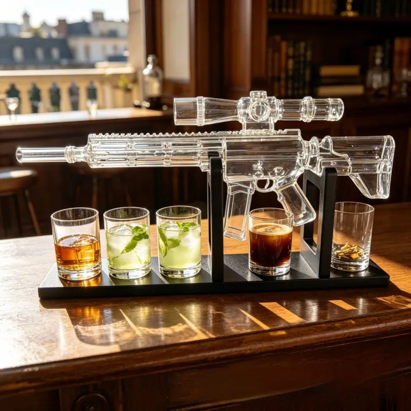 Tactical Sculpture Whiskey Decanter Set, Hand Blown Clear Glass, 4 Bullet Decor Tumblers, Stand, Bourbon Lover Gift