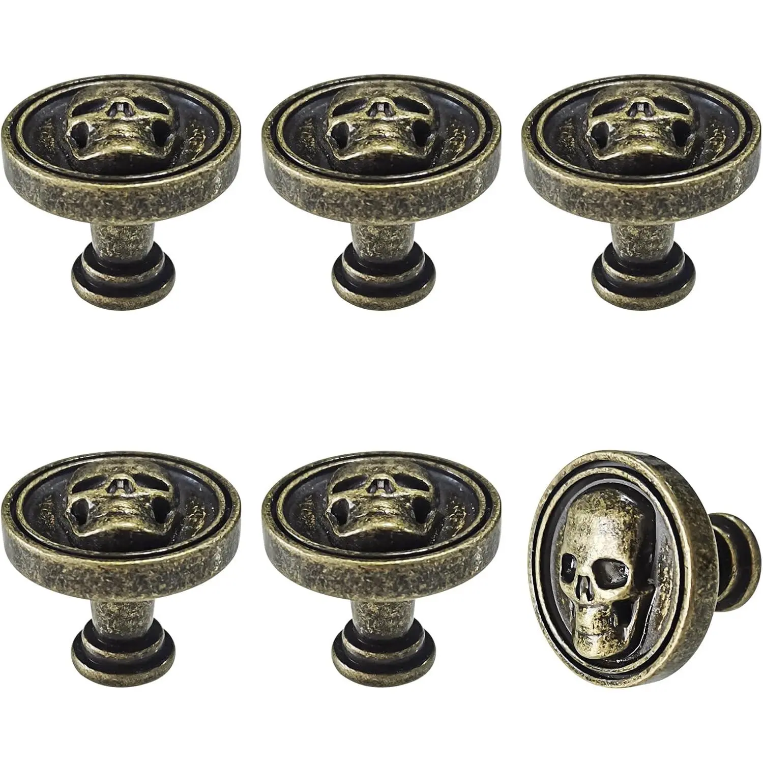 Skull Knob, 6 count Single Hole Cabinets Pulls for Drawer, Wardrobes, Bookcases, Dresser, Closets (Bronze)