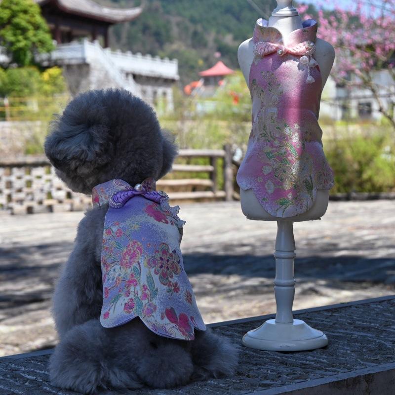 Paws Trendy Pet Spring & Summer Qipao for Dogs & Cats, suitable for Teddy, Bichon Frise and other small dogs. Features embossed fabric with exquisite retro frog buttons, fine workmanship, exuding noble elegance and making your beloved pet stand out.
