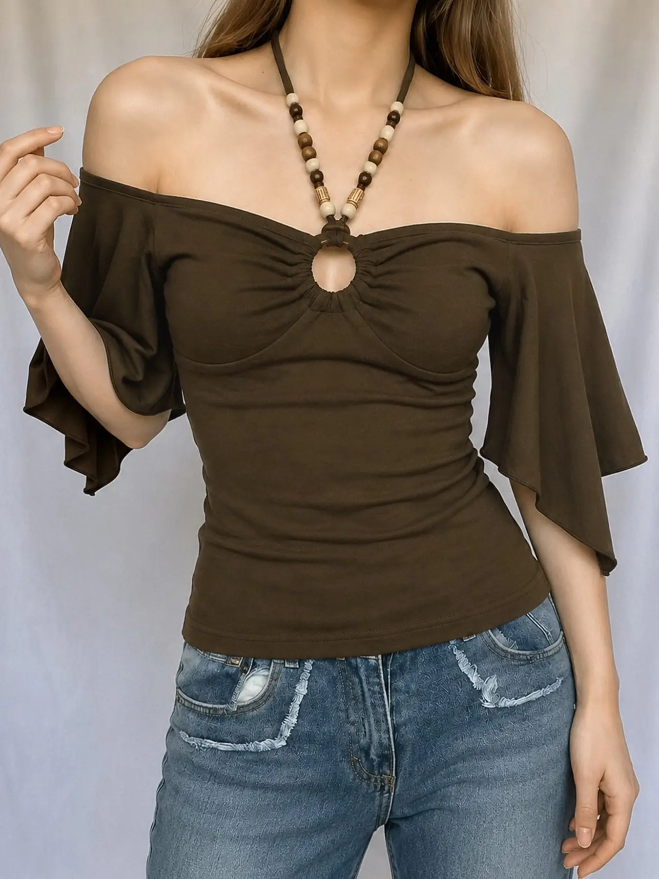 Elegant Halter Top, Beaded Batwing Sleeves, Vintage Round Neck, Shoulder Design, Casual & Office Wear, Women's Fashion