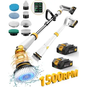 Electric Spin  with Two  Q2 Pro,1500 RPM High Power Electric  for Cleaning,Shower Cordless Cleaning Brush with Display for Tub/Tile/Floor (Effortless Handle/8 Brushes)