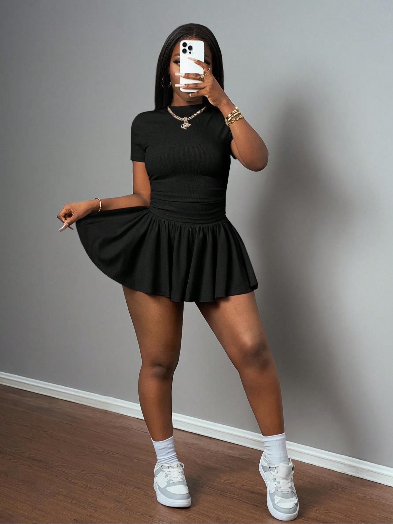 Two-piece Set Women's Solid Color Knit Tee & Skort, Casual Short Sleeve T-shirt & Skort for Daily Wear, Ladies Clothes for Spring & Summer, Cute Summer Outfit