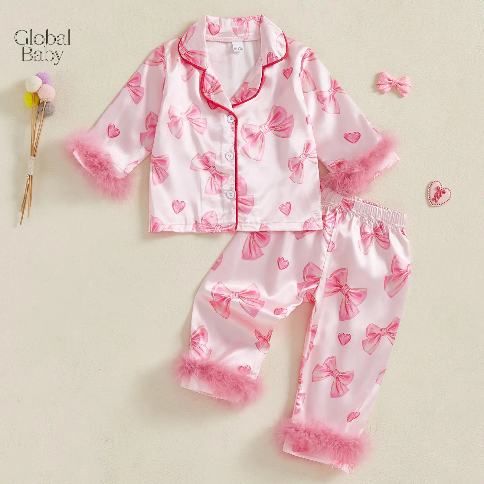 Kid Girl Satin Pajamas Set Bow Print Feather Cuffs Long Sleeve Lapel Button Down Tops with Pants Sleepwear