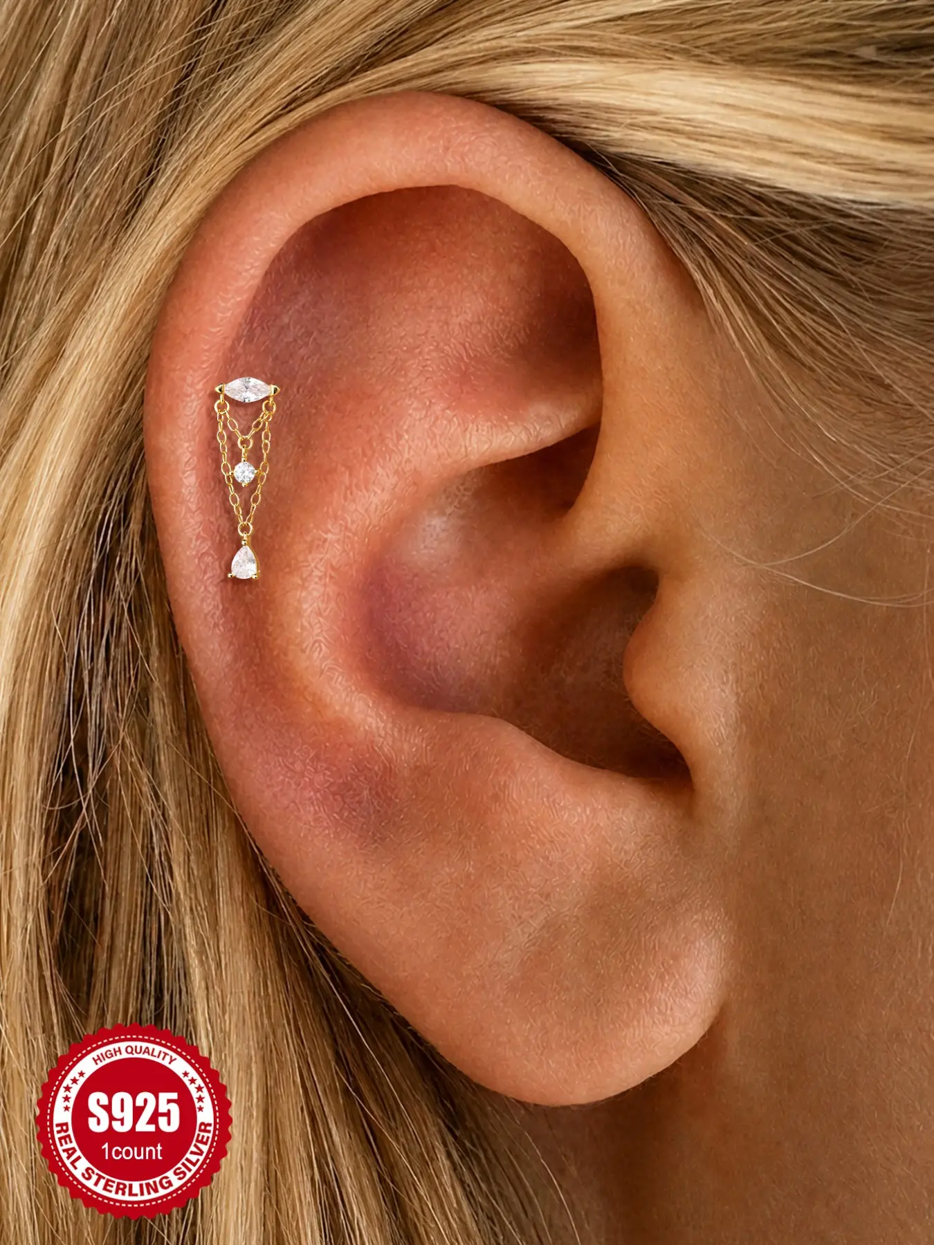 1PC 18K Gold Plated S925 Sterling Silver Zirconia Geometric Patchwork Chain Tassel Dangle Flatback Cartilage Helix Stud Earring Earrings Jewelry Hypoallergenic ,Non-Tamish, ldeal for Daily Wear, Weddings, Parties,Engagements, Ideal Holiday Gift Choice