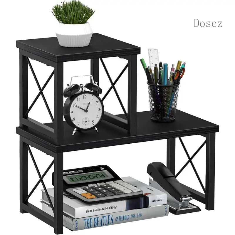 7.6 in Black 2-Tier Independent Stackable Desktop Shelf - Home Organizer, Office Accessories Storage Rack, Freestanding Small Display Holder