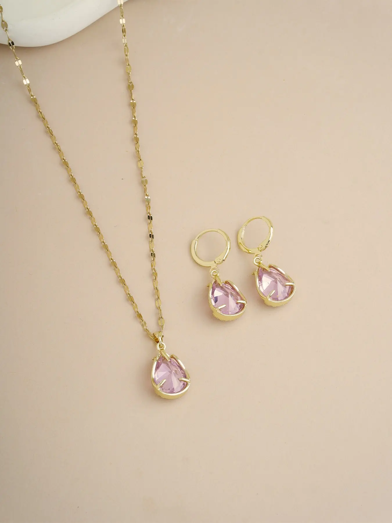 Pink Crystal Tulip Flower Pendant Necklace and Hoop Earrings Set for Women, Dainty Tulip Floral Jewelry Set Gift for Birthday Anniversary Wedding