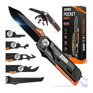 Pocket Multitool with LED Fire Starter, 12-IN-1 Pocket Tools for Fishing Camping Gear, Edc Gear Tools, Cool Gadgets for Men Dad Husband
