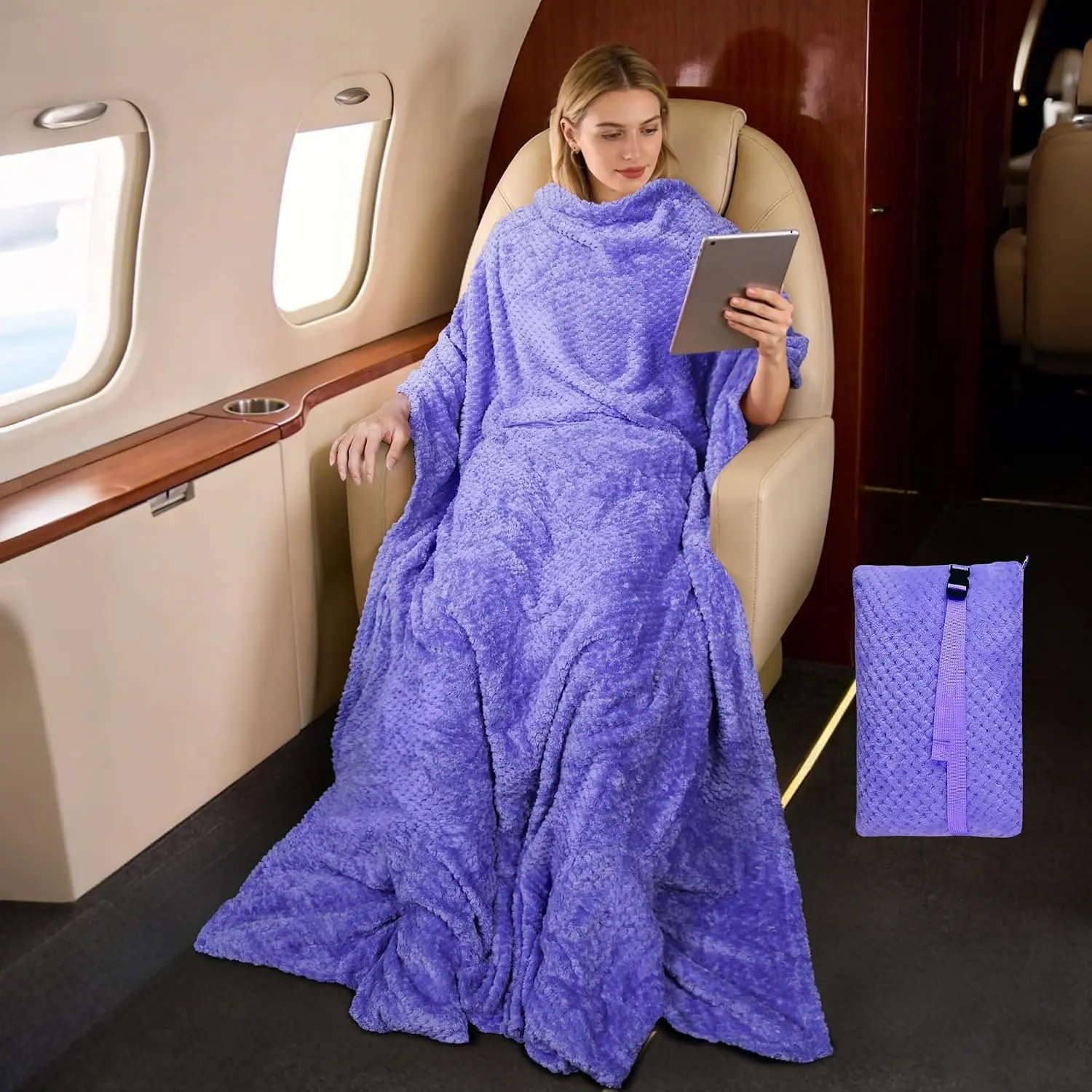 Travel Blanket and Pillow Set, Soft Compact Airplane Blanket with Foot Pockets, 4-in-1 Travel Essentials for Women Men, Portable Travel Gifts for Her, Travel Blanket for Airplanes,