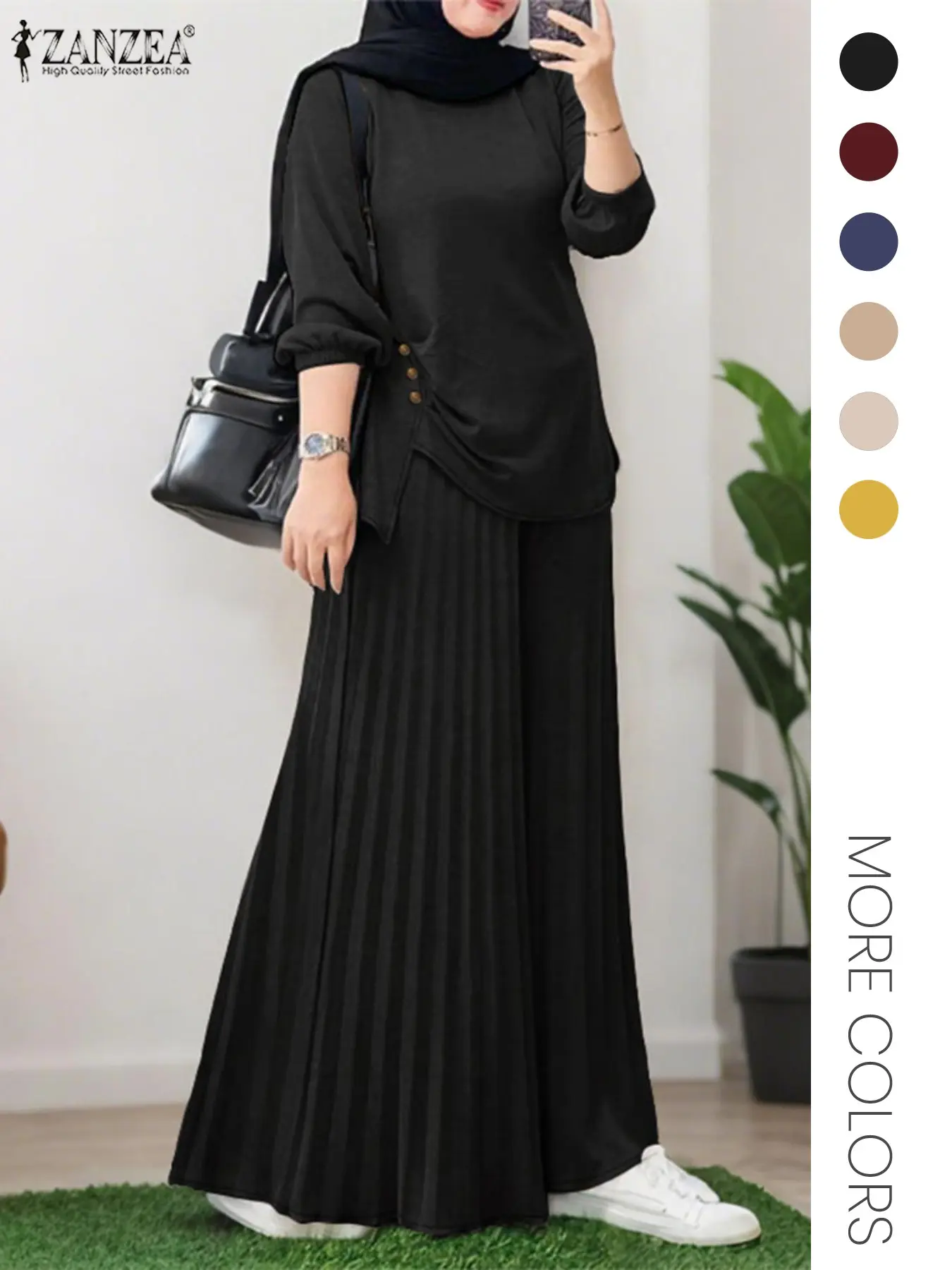 Women's Casual Matching Set, Long Sleeves Irregular Top & Pleated Elastic High Waist Wide-Leg Pants, All-Season Outfit