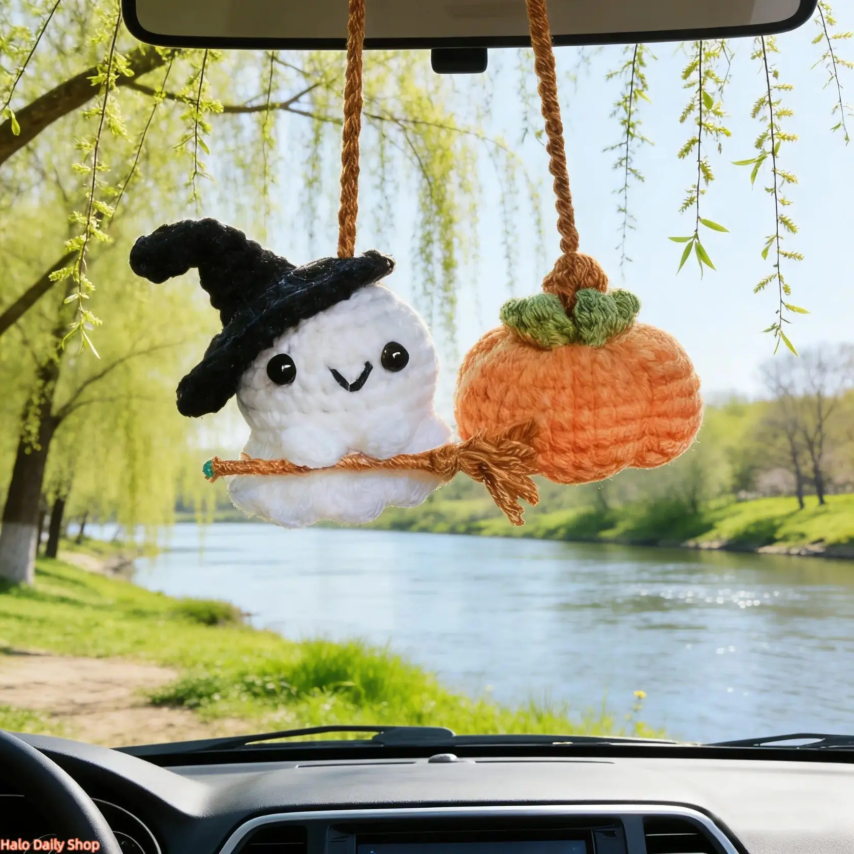 Car Charm - Handmade Crochet Ghost and Pumpkin Amigurumi Hanging, Cute Design Rear View Mirror Decor, Playful Unisex Cars Accessories Trinket
