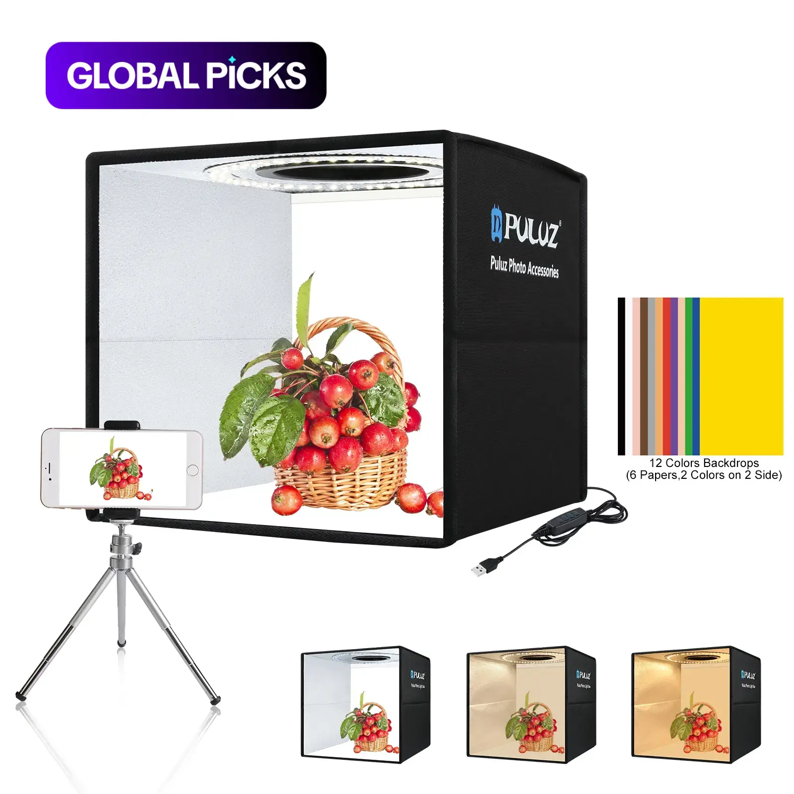 PULUZ Portable Foldable Ring Light Box, Photographic Fill Light, LED Photography Studio with 6 Colorful Backdrops, Suitable for Product Shooting at Home or Outdoors, Photography Camera Accessories, Photoshoot Accessories