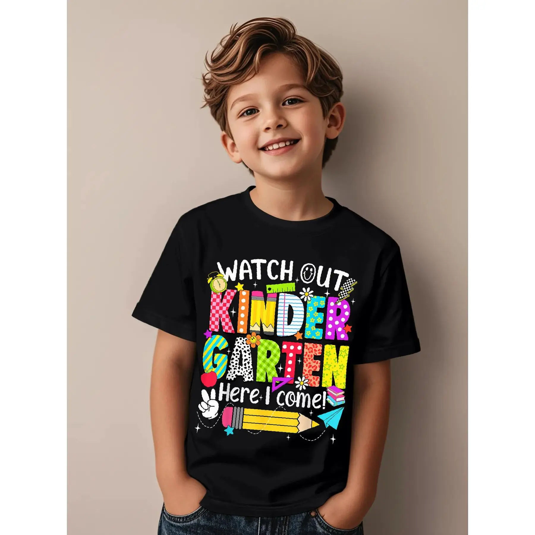 Watch Out Kindergarten Here I Come Kinder Back to School Funny Aesthetic Graphic Kid T-Shirt Popular Kid T Shirts Street Style Tops Tees for Kid