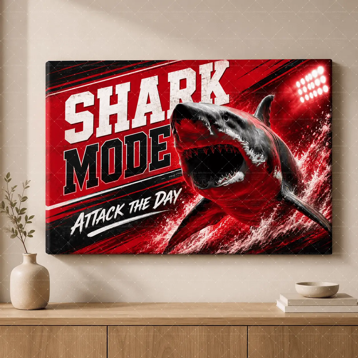 Shark Mode Canvas Wall Art, Attack the Day Shark Poster, Bold Motivational Sports Style Wall Decor for Boys Room Bedroom Office Game Room, Poster or Wrapped Canvas,wall decor,poster.