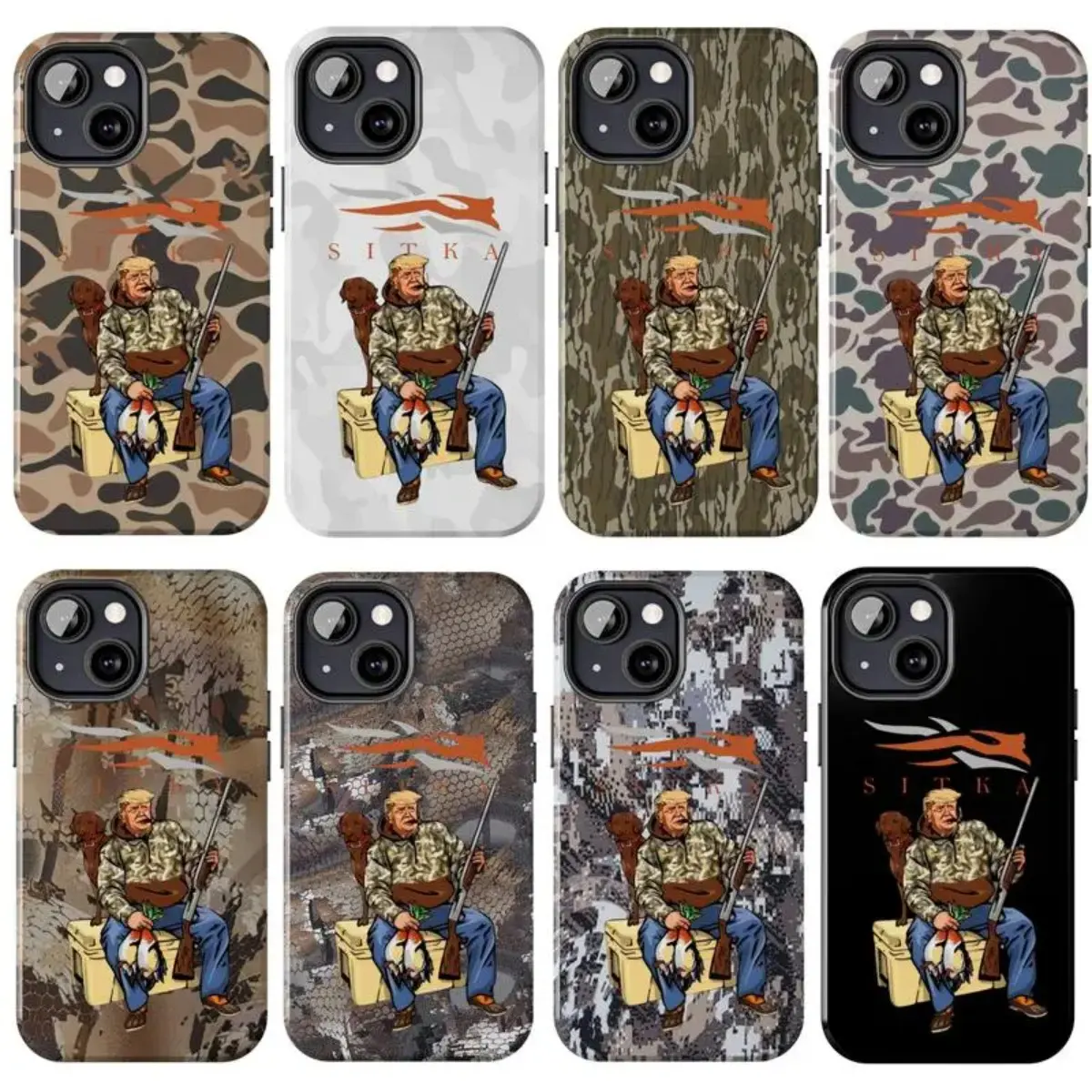 Vintage Sitka With Hunter Trump Camo Phone Case, Ol School Waterfowl Camo Glossy Phone Case For IPhone 17-11, Pro Max, Pro Plus, and Samsung S26-23 Safety Two-In-One Case