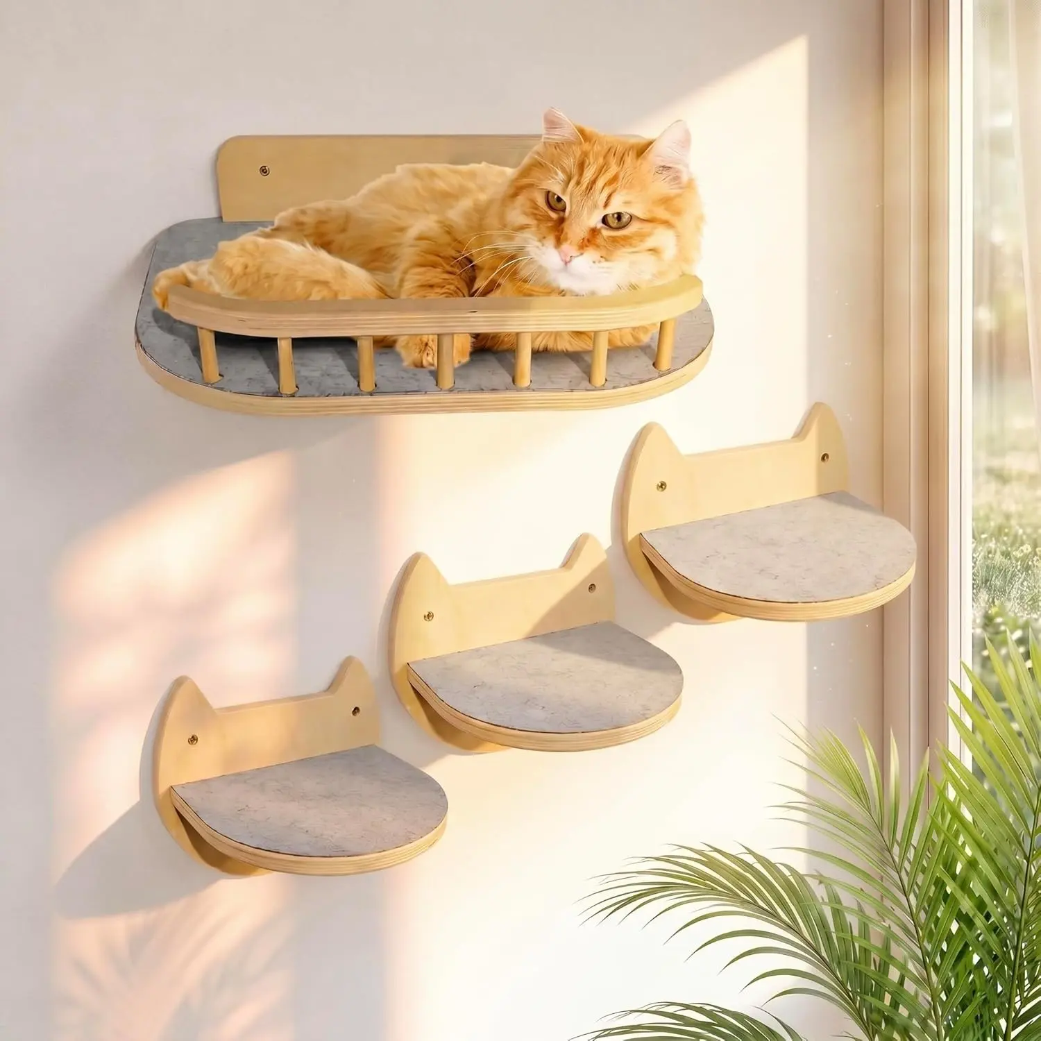 3 Steps Cat Wall Shelves Climbing Furniture & Perch for Indoor Cats up to 30lbs, Wooden Floating Shelf with Non-Slip Pad Bed, Modern Corner Wall Mounted for Cat Playing and Lounging - Natural
