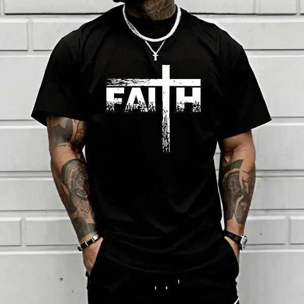 Men’s oversized faith cross T-shirt, Christian religious graphic print, casual black crewneck tee for young believers and streetwear lovers, Shortsleeve, Menswear tiktokshopspringglowup,summervibes